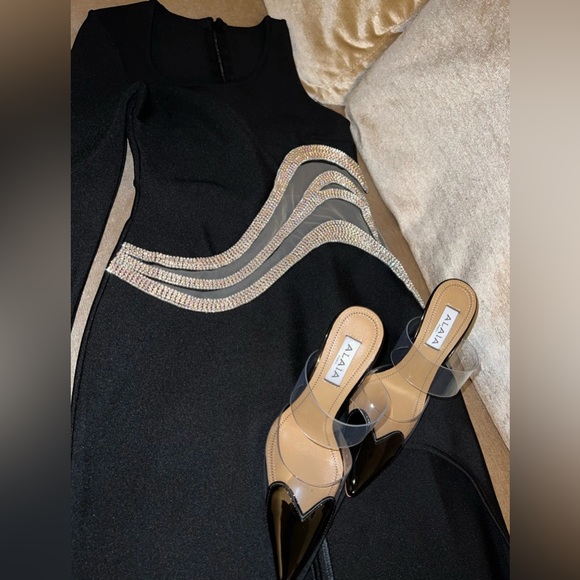 Lena Vie Crystal Mid Black Bandage Dress With Crystal Mesh Inlay - Picture 4 of 8